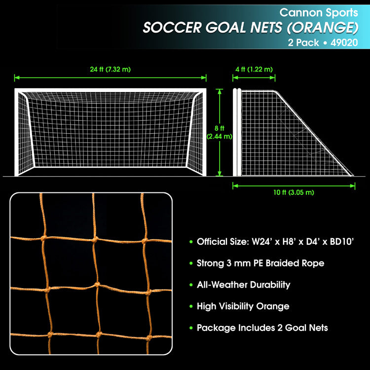 Orange Soccer Goal Net 24' x 8' Weatherproof & Heavy Duty 2-Pack